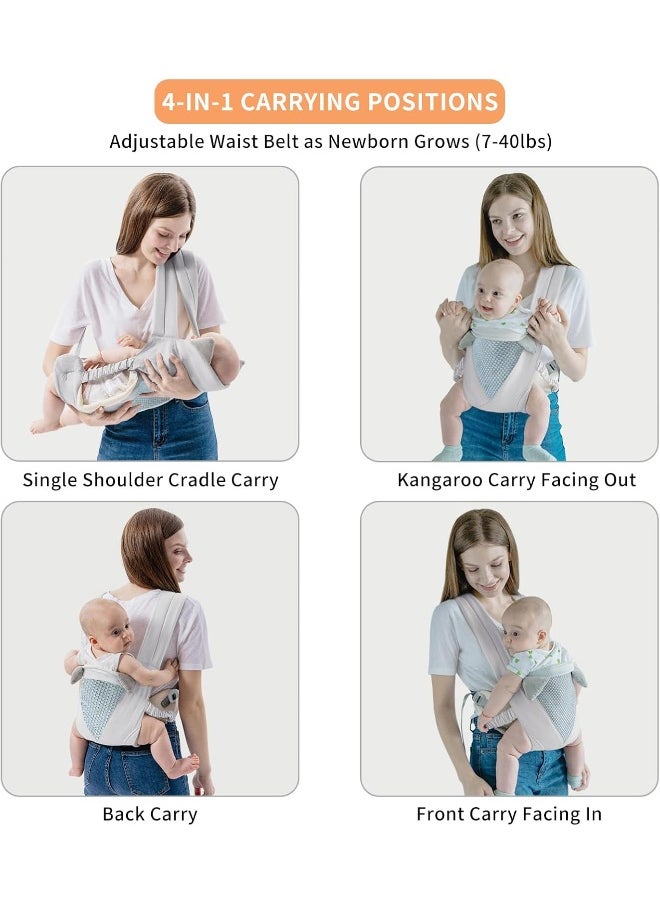 Huifen Baby Carrier, Shoulder Strap Grid Breathable Infant Sling Butterfly Buckle Stretchy Adjustable Front Facing, All Position Backpack for 3-36 Month Baby to Toddler Girl and Boy 7-40 lbs (Grey)