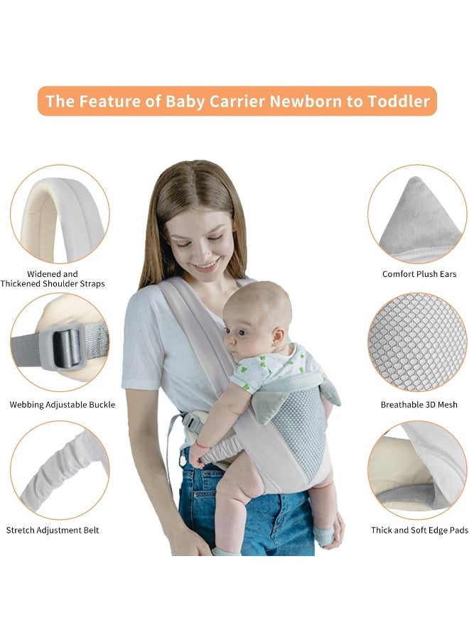 Huifen Baby Carrier, Shoulder Strap Grid Breathable Infant Sling Butterfly Buckle Stretchy Adjustable Front Facing, All Position Backpack for 3-36 Month Baby to Toddler Girl and Boy 7-40 lbs (Grey)