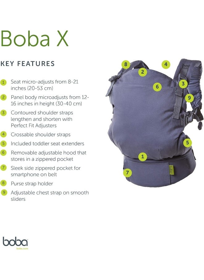 Boba X Baby Carrier - Adjustable Infant Carrier for Newborn to Toddler, Front and Backpack Babywearing 7 to 45 lbs, Ergonomic Baby Carrier with Crossable Straps and Padded Shoulders