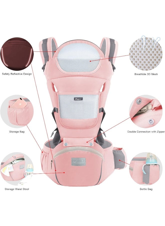 Baby Carrier Newborn to Toddler Baby Wrap Carrier with Hip Seat Lumbar Support Adjustable One Size Fits All Toddler Infant Baby Holder Carrier 360 All Seasons (Pink)