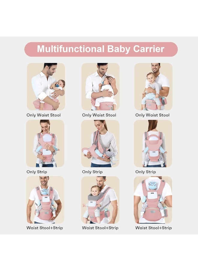 Baby Carrier Newborn to Toddler Baby Wrap Carrier with Hip Seat Lumbar Support Adjustable One Size Fits All Toddler Infant Baby Holder Carrier 360 All Seasons (Pink)