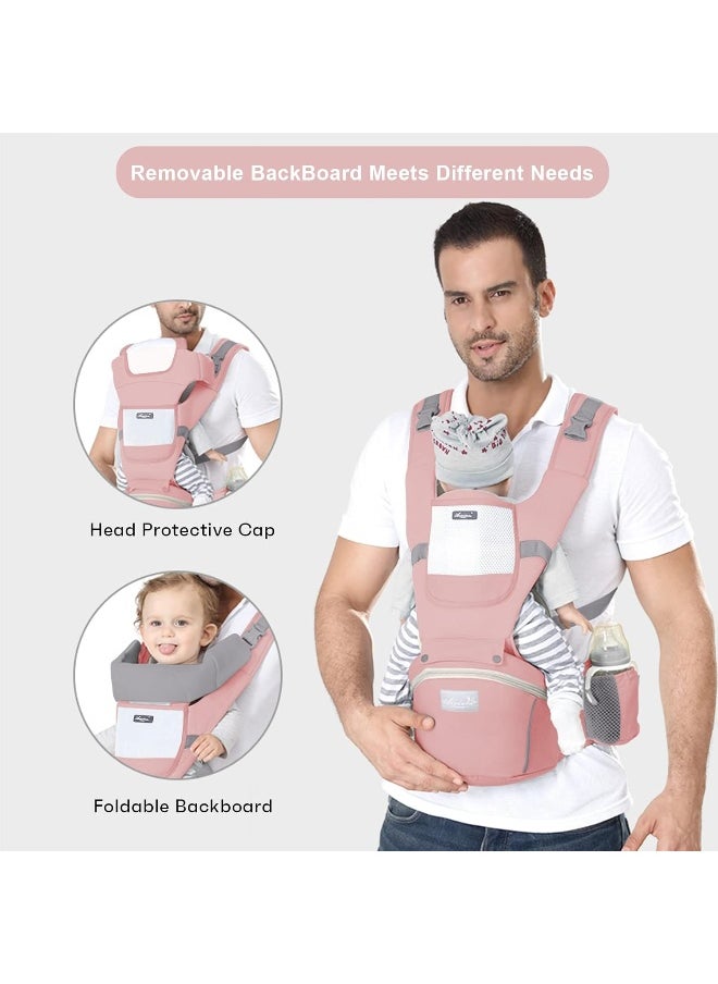 Baby Carrier Newborn to Toddler Baby Wrap Carrier with Hip Seat Lumbar Support Adjustable One Size Fits All Toddler Infant Baby Holder Carrier 360 All Seasons (Pink)