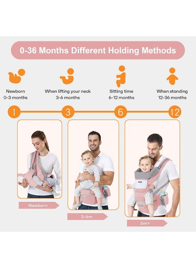 Baby Carrier Newborn to Toddler Baby Wrap Carrier with Hip Seat Lumbar Support Adjustable One Size Fits All Toddler Infant Baby Holder Carrier 360 All Seasons (Pink)