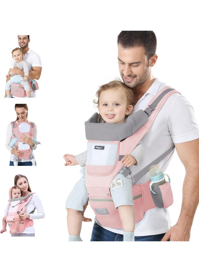 Baby Carrier Newborn to Toddler Baby Wrap Carrier with Hip Seat Lumbar Support Adjustable One Size Fits All Toddler Infant Baby Holder Carrier 360 All Seasons (Pink)