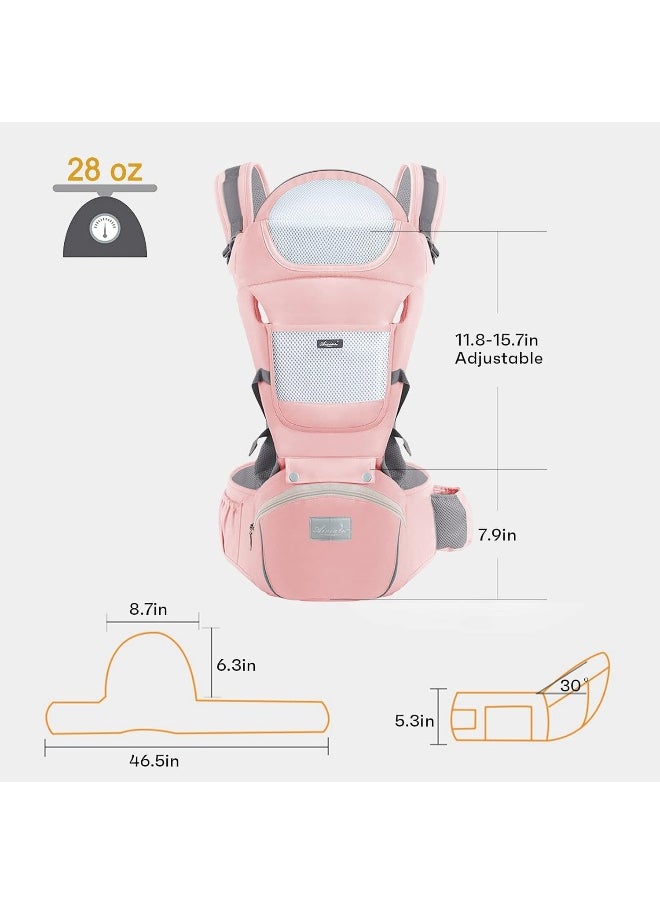 Baby Carrier Newborn to Toddler Baby Wrap Carrier with Hip Seat Lumbar Support Adjustable One Size Fits All Toddler Infant Baby Holder Carrier 360 All Seasons (Pink)