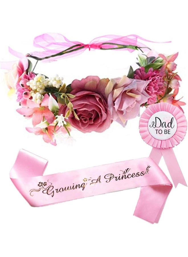 Girls Baby Shower Decoration - Adjustable Flower Crown Tiara and Growing A Princess Sash, Daddy Pin, Pink Party Gift Favors for Expectant Mom Dad Parents