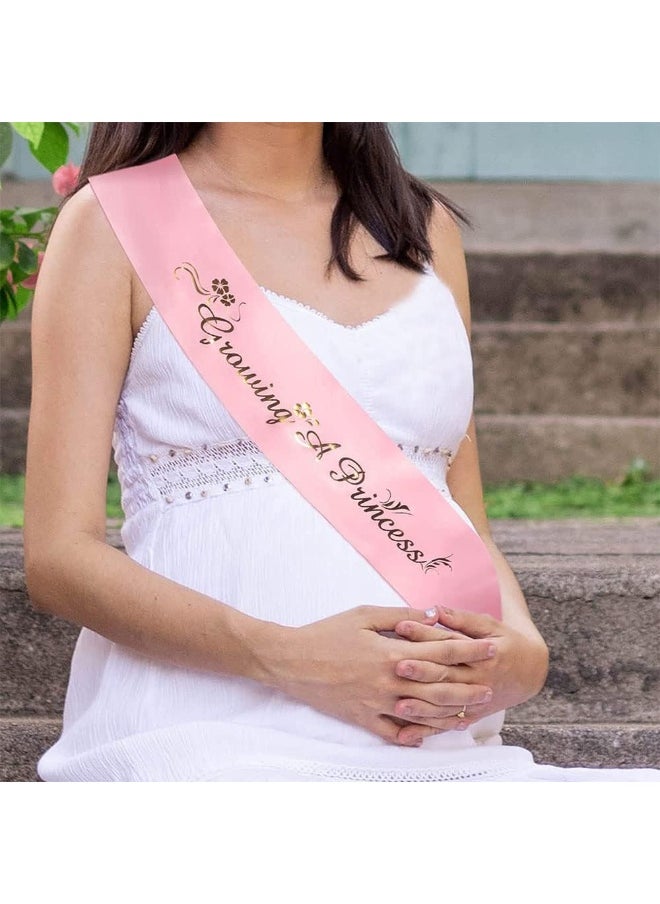 Girls Baby Shower Decoration - Adjustable Flower Crown Tiara and Growing A Princess Sash, Daddy Pin, Pink Party Gift Favors for Expectant Mom Dad Parents