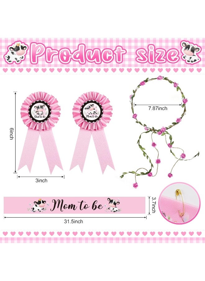 Chunful Cow Theme Pink Mom to Be Sash Baby Shower Dad to Be Pin and Flower Crown Headband for Gender Reveals Party Baby Shower Party Decorations for Boys and Girls Pregnancy Props Keepsake Gift