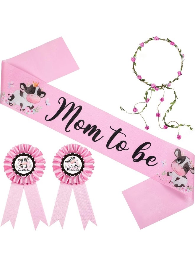Chunful Cow Theme Pink Mom to Be Sash Baby Shower Dad to Be Pin and Flower Crown Headband for Gender Reveals Party Baby Shower Party Decorations for Boys and Girls Pregnancy Props Keepsake Gift