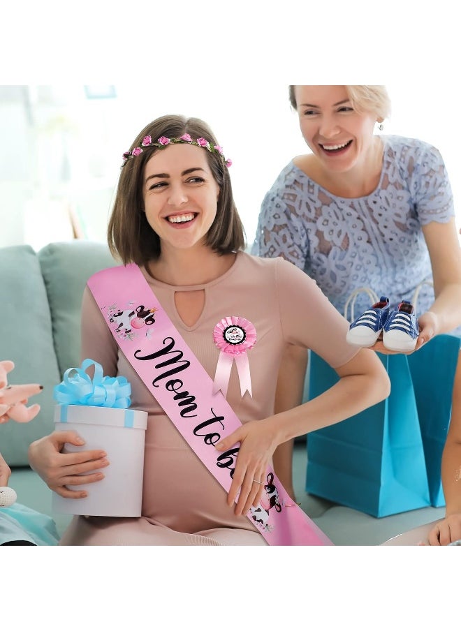 Chunful Cow Theme Pink Mom to Be Sash Baby Shower Dad to Be Pin and Flower Crown Headband for Gender Reveals Party Baby Shower Party Decorations for Boys and Girls Pregnancy Props Keepsake Gift