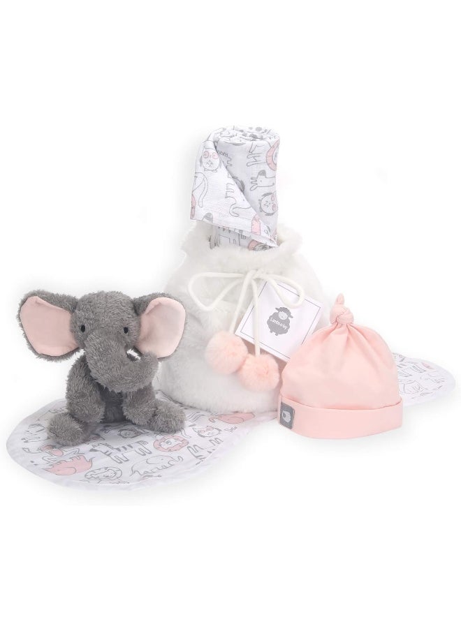 Lambs & Ivy 5 Piece Pink/Gray Plush Infant/Newborn Baby Gift Bag w/Swaddle
