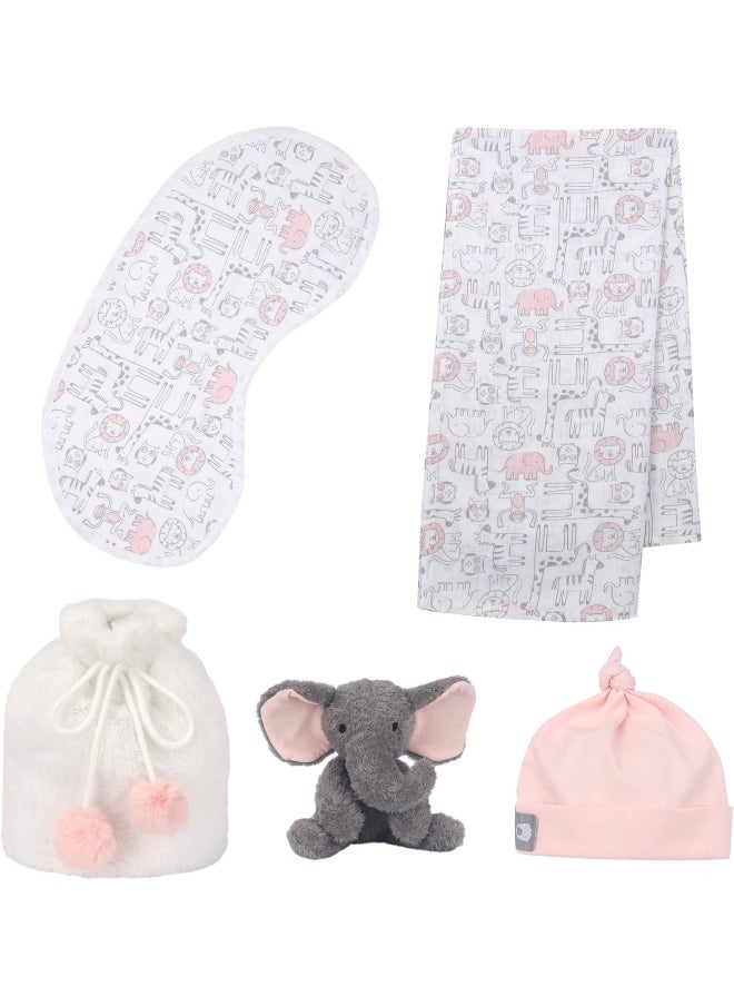 Lambs & Ivy 5 Piece Pink/Gray Plush Infant/Newborn Baby Gift Bag w/Swaddle