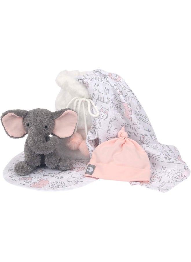 Lambs & Ivy 5 Piece Pink/Gray Plush Infant/Newborn Baby Gift Bag w/Swaddle