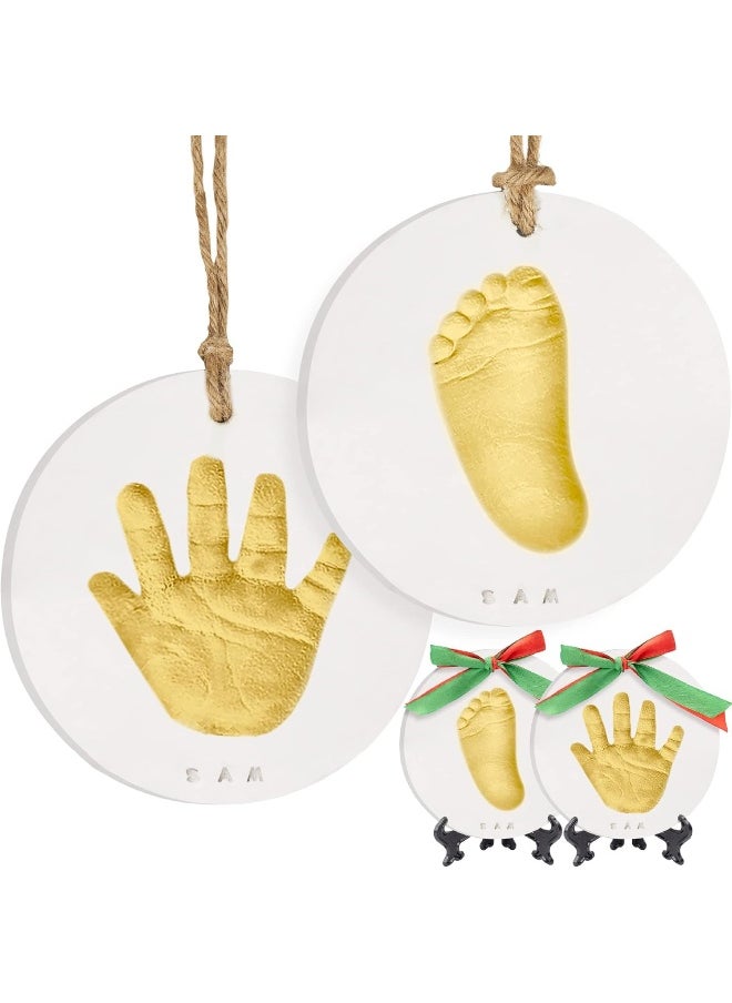 Baby Handprint Footprint Ornament Keepsake Kit - Personalized Baby Prints Ornaments for Newborn - Baby Nursery Memory Art Kit Easel - Baby Shower Gifts - Perfect Baby Registry Gift Box (Gold Paint)