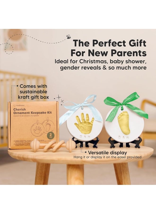 Baby Handprint Footprint Ornament Keepsake Kit - Personalized Baby Prints Ornaments for Newborn - Baby Nursery Memory Art Kit Easel - Baby Shower Gifts - Perfect Baby Registry Gift Box (Gold Paint)