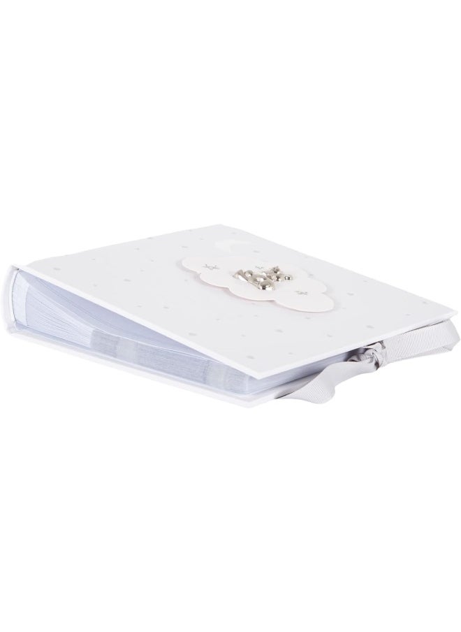 Happy Homewares Beautiful Ivory White Baby Shower Photo Album with Silver Plated Teddy Bear and Stars | Holds 80 Photos | Luxurious Grey Fabric Ribbon
