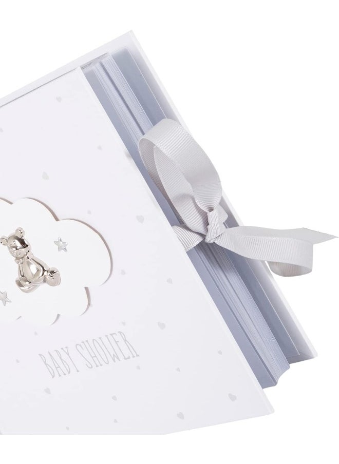Happy Homewares Beautiful Ivory White Baby Shower Photo Album with Silver Plated Teddy Bear and Stars | Holds 80 Photos | Luxurious Grey Fabric Ribbon