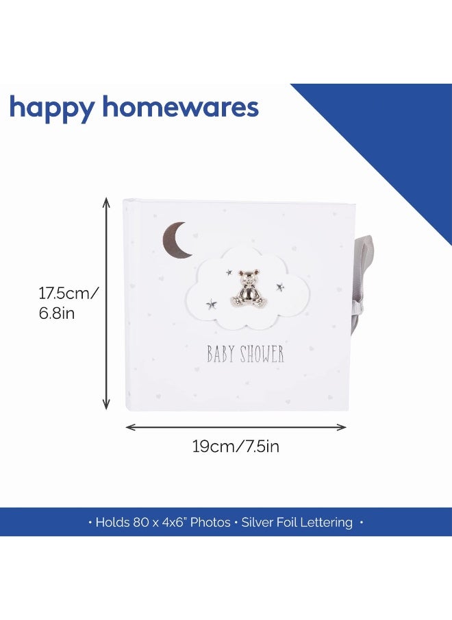 Happy Homewares Beautiful Ivory White Baby Shower Photo Album with Silver Plated Teddy Bear and Stars | Holds 80 Photos | Luxurious Grey Fabric Ribbon
