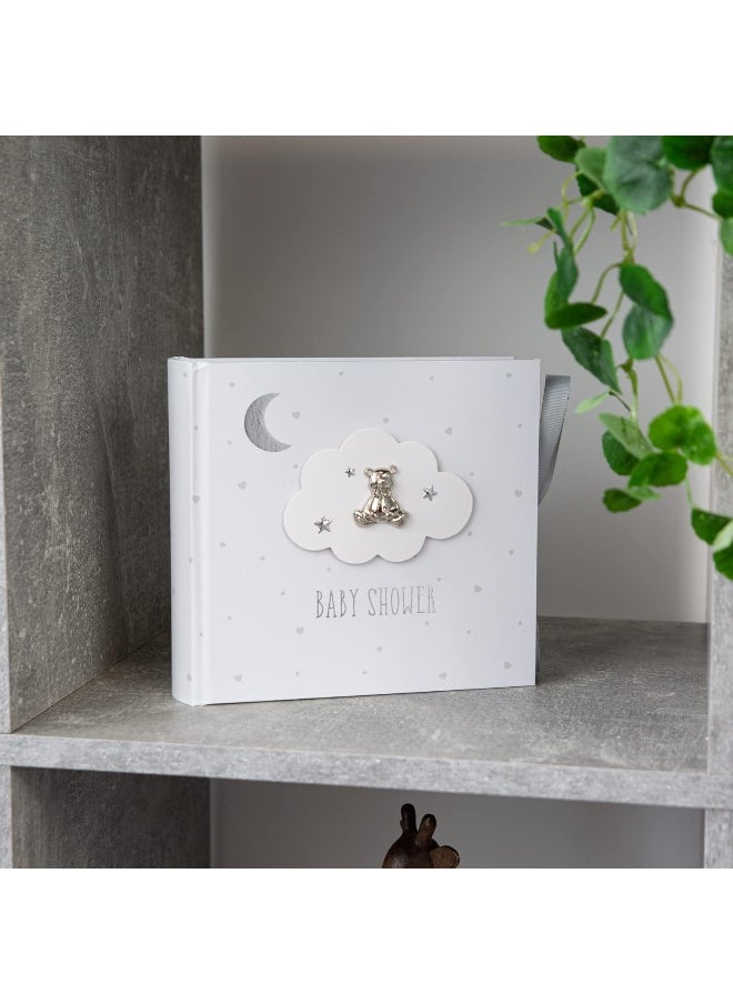 Happy Homewares Beautiful Ivory White Baby Shower Photo Album with Silver Plated Teddy Bear and Stars | Holds 80 Photos | Luxurious Grey Fabric Ribbon