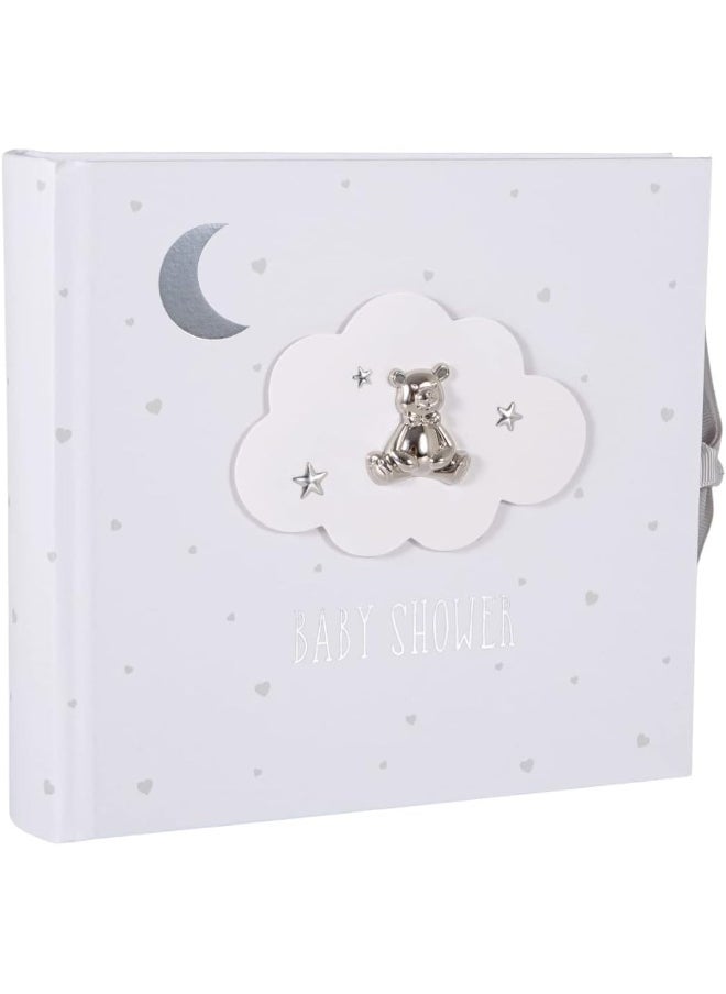 Happy Homewares Beautiful Ivory White Baby Shower Photo Album with Silver Plated Teddy Bear and Stars | Holds 80 Photos | Luxurious Grey Fabric Ribbon
