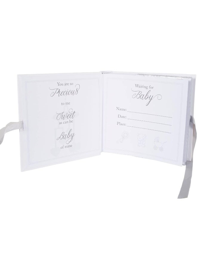 Happy Homewares Beautiful Ivory White Baby Shower Photo Album with Silver Plated Teddy Bear and Stars | Holds 80 Photos | Luxurious Grey Fabric Ribbon