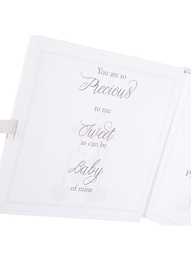 Happy Homewares Beautiful Ivory White Baby Shower Photo Album with Silver Plated Teddy Bear and Stars | Holds 80 Photos | Luxurious Grey Fabric Ribbon