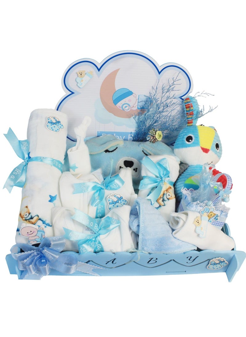 Set of 11 pcs new born baby essential Baby Gift Set - Newborn Baby Shower Gift for Boys & Girls, Blue Teddy & Yellow Star Print Baby Hamper, 100% Cotton Muslin Newborn Essentials Include Swaddle, Sleepsuit, Bodysuit, Bib, Burp Cloth, Hats, Blanket, Hand Towel, Vibrate Voice Rabbit Toy, Basket,
