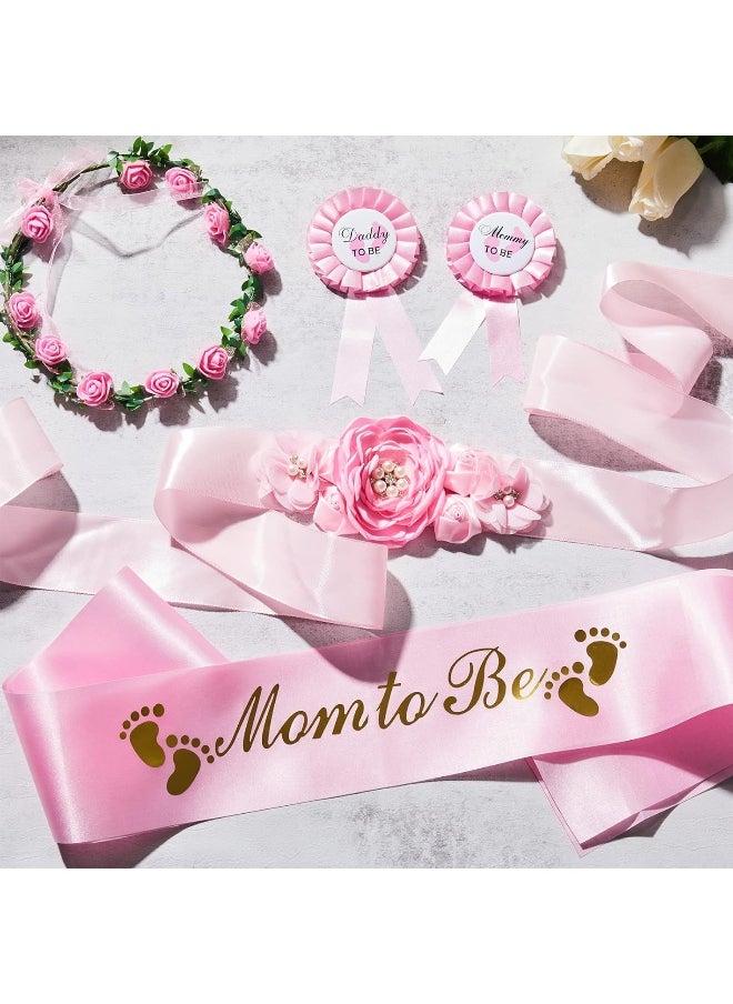 Xinnun 5 Pcs Baby Shower Maternity Sash Kit Shoulder Sash and Pin Daddy Corsages Flower Crown Pregnancy Sash Rose Wreath Headdress for Baby Shower Pregnancy Parents Prop Present Party Favor(Pink)
