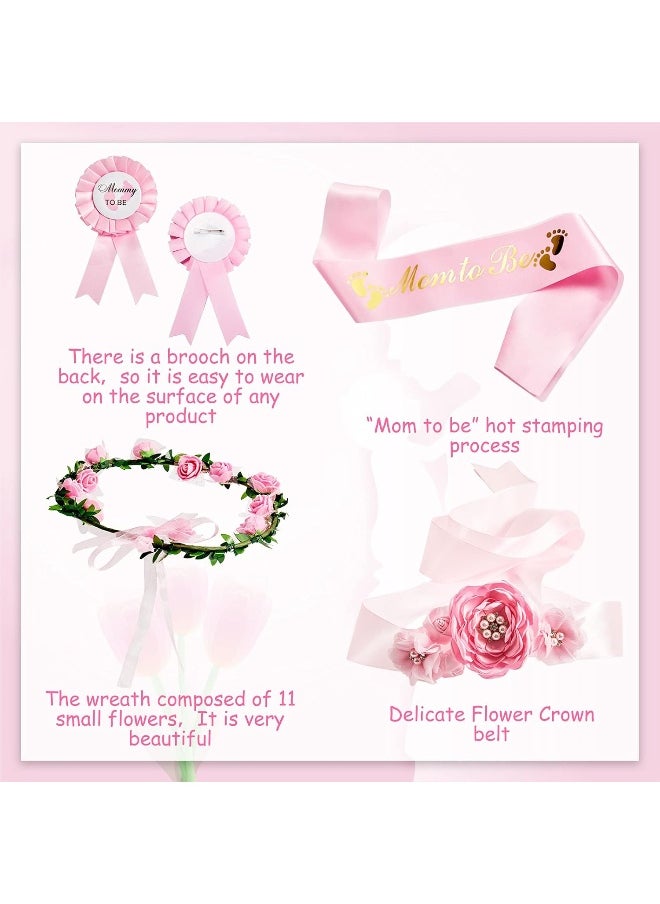 Xinnun 5 Pcs Baby Shower Maternity Sash Kit Shoulder Sash and Pin Daddy Corsages Flower Crown Pregnancy Sash Rose Wreath Headdress for Baby Shower Pregnancy Parents Prop Present Party Favor(Pink)