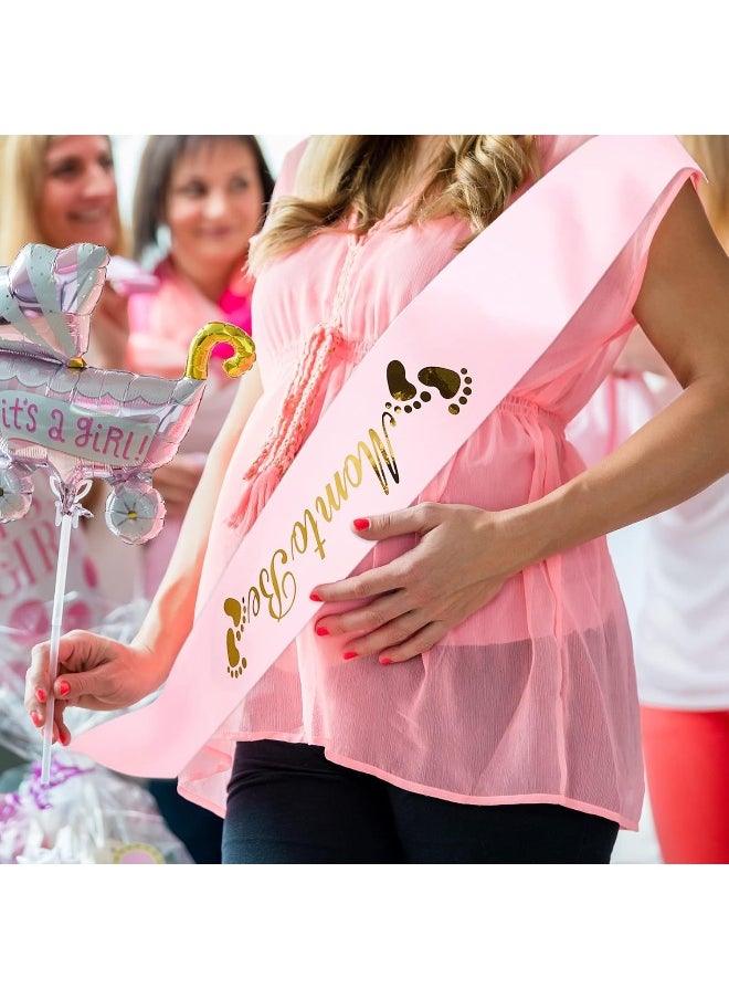 Xinnun 5 Pcs Baby Shower Maternity Sash Kit Shoulder Sash and Pin Daddy Corsages Flower Crown Pregnancy Sash Rose Wreath Headdress for Baby Shower Pregnancy Parents Prop Present Party Favor(Pink)