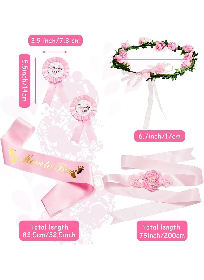 Xinnun 5 Pcs Baby Shower Maternity Sash Kit Shoulder Sash and Pin Daddy Corsages Flower Crown Pregnancy Sash Rose Wreath Headdress for Baby Shower Pregnancy Parents Prop Present Party Favor(Pink)