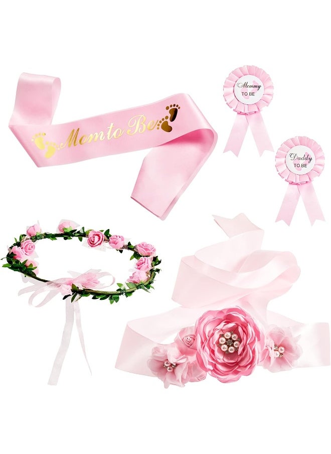 Xinnun 5 Pcs Baby Shower Maternity Sash Kit Shoulder Sash and Pin Daddy Corsages Flower Crown Pregnancy Sash Rose Wreath Headdress for Baby Shower Pregnancy Parents Prop Present Party Favor(Pink)