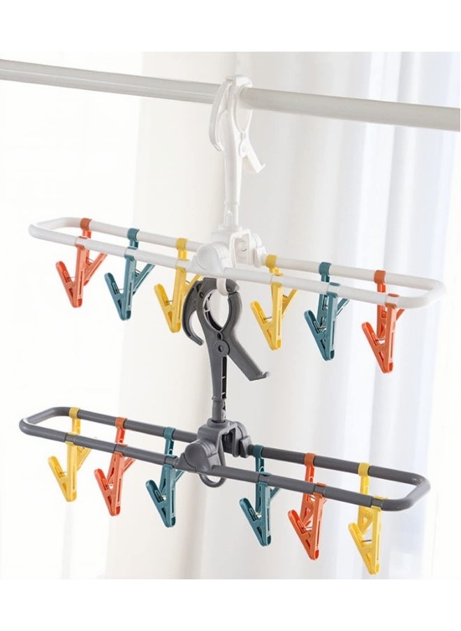 2 Pack Sock Drying Rack, with Clips,Drying Rack Clothing Foldable with 24 Sock Clips 360° Rotatable Hook for Drying Socks Towels Bras Gloves Baby Clothes Diaper Etc (17.7x3.7x8.6 inches)
