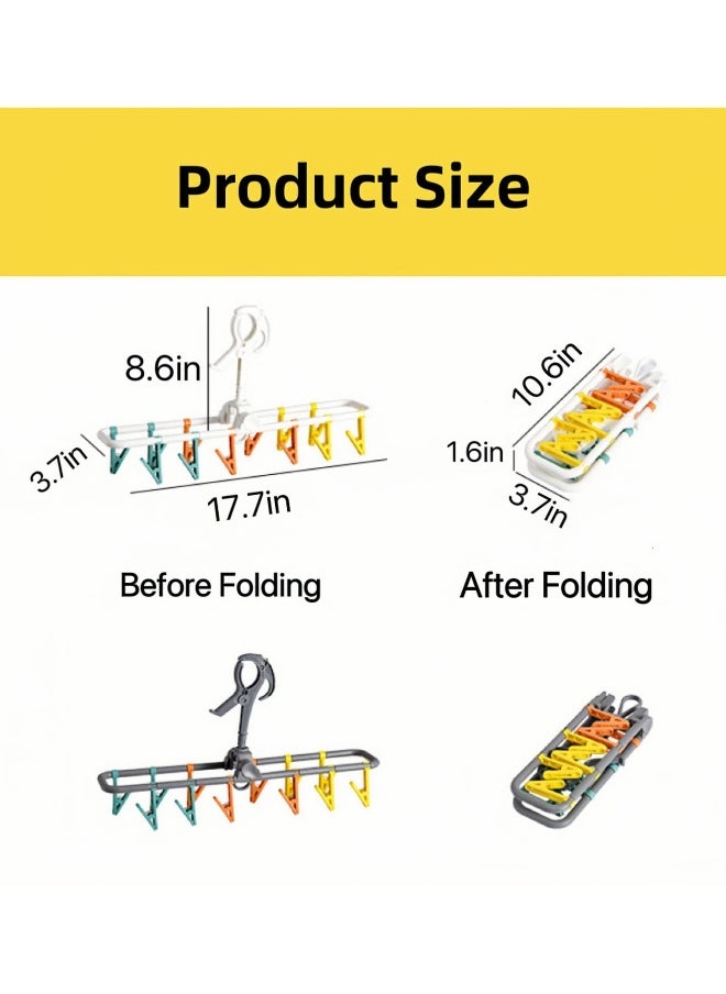 2 Pack Sock Drying Rack, with Clips,Drying Rack Clothing Foldable with 24 Sock Clips 360° Rotatable Hook for Drying Socks Towels Bras Gloves Baby Clothes Diaper Etc (17.7x3.7x8.6 inches)