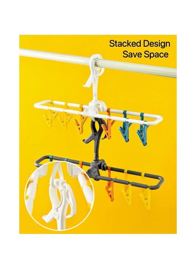 2 Pack Sock Drying Rack, with Clips,Drying Rack Clothing Foldable with 24 Sock Clips 360° Rotatable Hook for Drying Socks Towels Bras Gloves Baby Clothes Diaper Etc (17.7x3.7x8.6 inches)