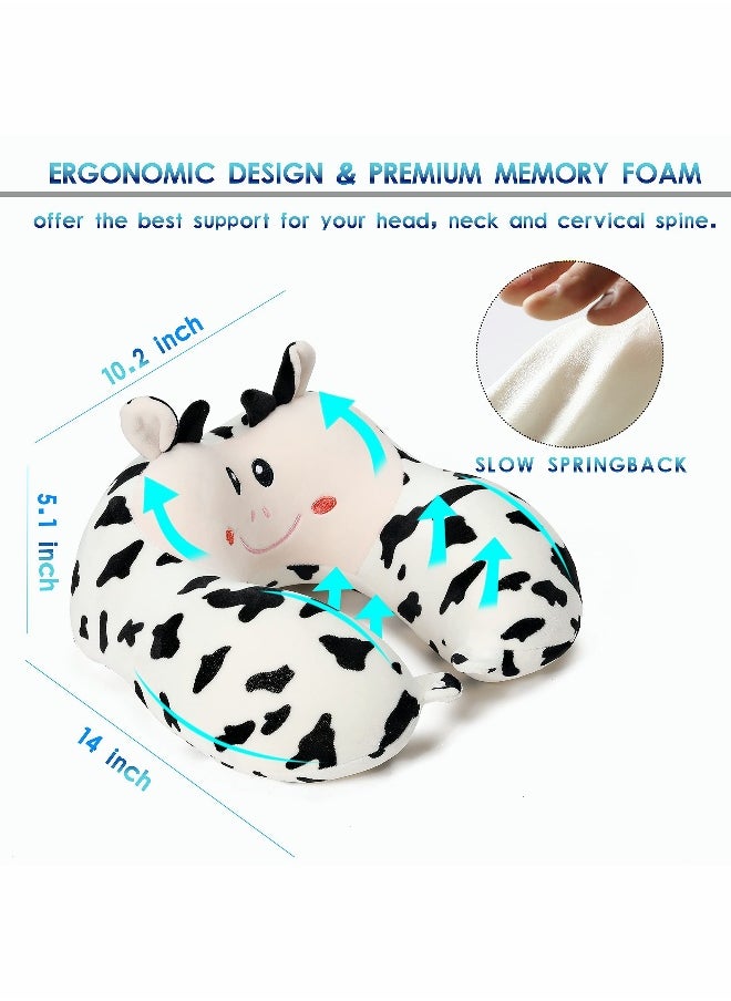 Travel Pillow for Kids and Adults Cute Animal Memory Foam Neck Pillow with Soft Fleece Cover and Eye Mask Set Airplane Pillow Travel Kit with Drawstring Organizer Bag Machine Washable (Cow)