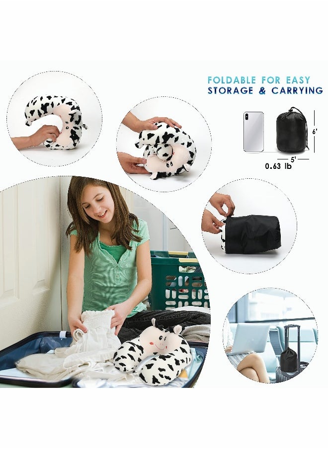 Travel Pillow for Kids and Adults Cute Animal Memory Foam Neck Pillow with Soft Fleece Cover and Eye Mask Set Airplane Pillow Travel Kit with Drawstring Organizer Bag Machine Washable (Cow)