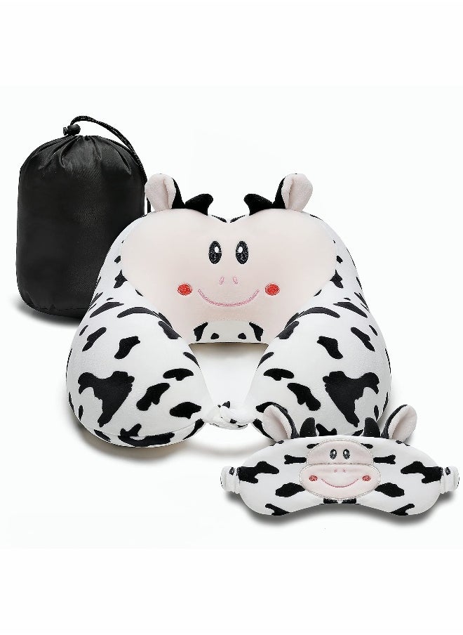 Travel Pillow for Kids and Adults Cute Animal Memory Foam Neck Pillow with Soft Fleece Cover and Eye Mask Set Airplane Pillow Travel Kit with Drawstring Organizer Bag Machine Washable (Cow)