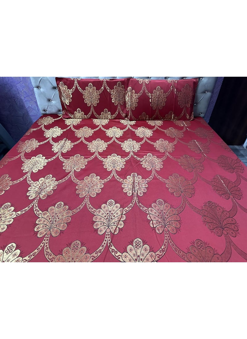 Gurukirpa Traders Cotton Silk 210 TC Embossed Embroidery King Size Bedsheet with 2 Pillow Covers Red Gold Maroon Multicolor