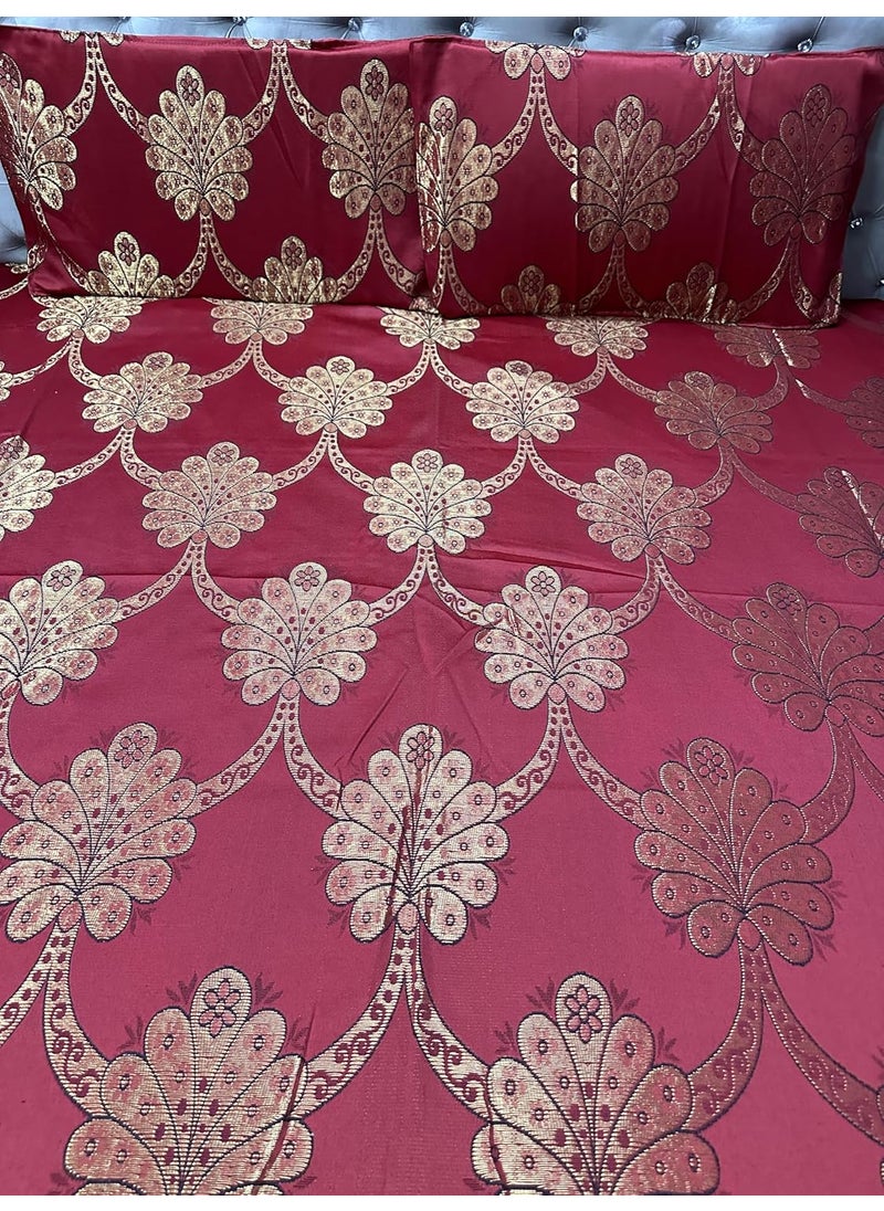 Gurukirpa Traders Cotton Silk 210 TC Embossed Embroidery King Size Bedsheet with 2 Pillow Covers Red Gold Maroon Multicolor