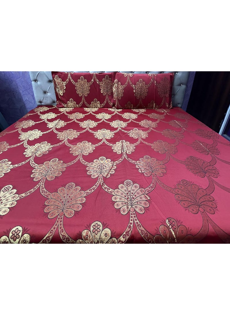 Gurukirpa Traders Cotton Silk 210 TC Embossed Embroidery King Size Bedsheet with 2 Pillow Covers Red Gold Maroon Multicolor