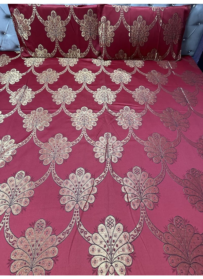 Gurukirpa Traders Cotton Silk 210 TC Embossed Embroidery King Size Bedsheet with 2 Pillow Covers Red Gold Maroon Multicolor