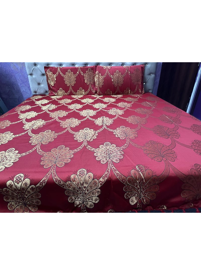 Gurukirpa Traders Cotton Silk 210 TC Embossed Embroidery King Size Bedsheet with 2 Pillow Covers Red Gold Maroon Multicolor