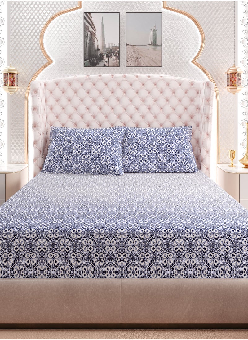 Print 1 Fitted Sheet + 2 Pillow Cases Double Cotton Blue 200x120cm