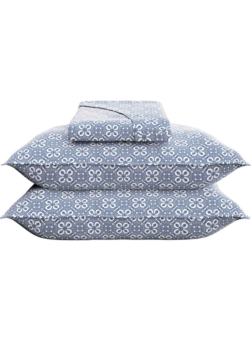 Print 1 Fitted Sheet + 2 Pillow Cases Double Cotton Blue 200x120cm