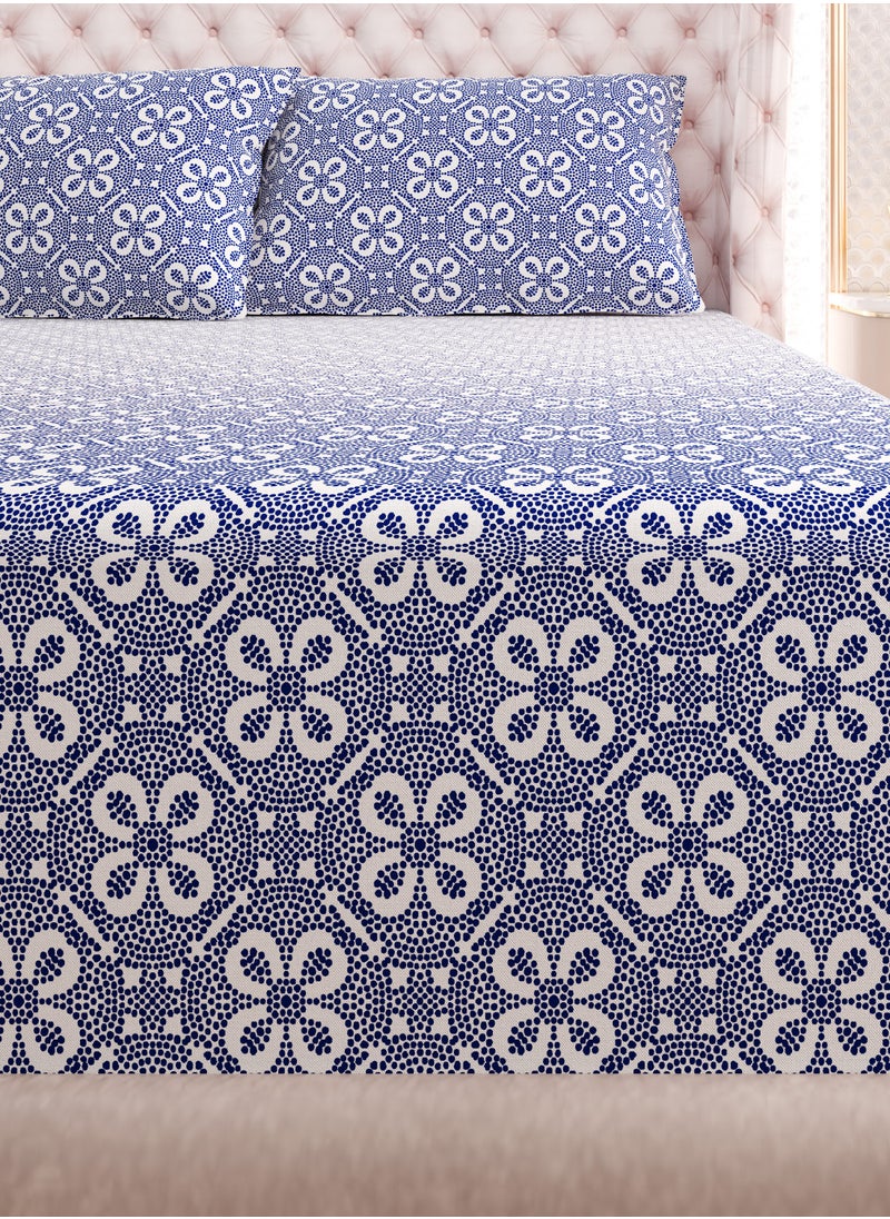 Print 1 Fitted Sheet + 2 Pillow Cases Double Cotton Blue 200x120cm