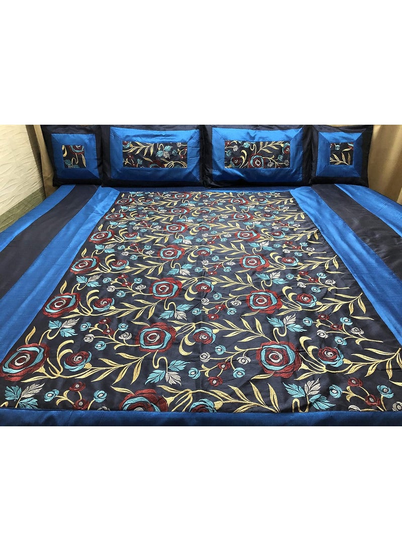 Gurukirpa Traders Cotton Silk 240 TC Embroidery King Size Bedsheet with 2 Pillow Covers and 2 Cushion Covers Gold Blue Black Fusion