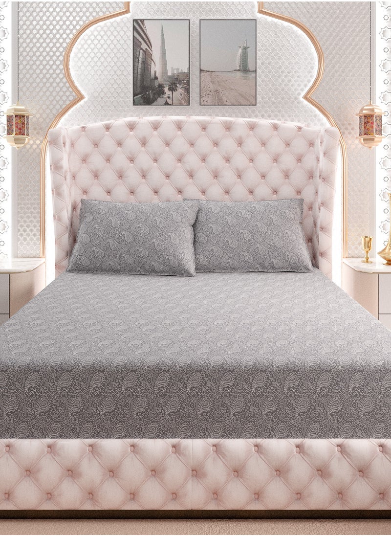 Print 1 Fitted Sheet + 2 Pillow Cases King Cotton Grey 200x180cm