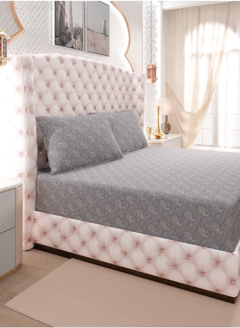 Print 1 Fitted Sheet + 2 Pillow Cases King Cotton Grey 200x180cm