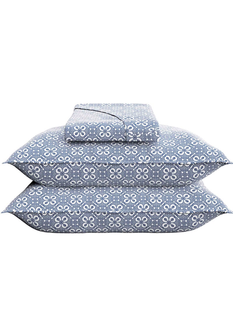 Print 1 Fitted Sheet + 2 Pillow Cases Super King Cotton Blue 200x200cm